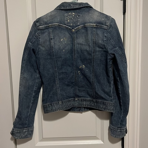 Guess Y2K Vintage Distressed Jean Denim Jacket Stretch Size Large w Gold Paint - Picture 2 of 10